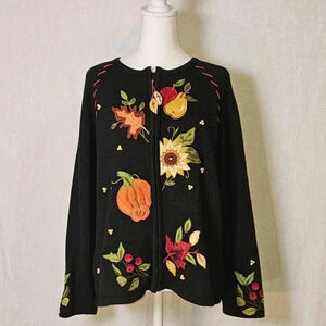 Tiara Intl Fall Womens Zip Cardigan w Felt/Beaded Appliques SZ Lg